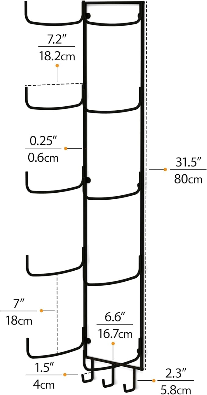 Wallniture Guru Yoga Mat Holder Wall Mount with 3 Hooks for Hanging Yoga Strap, Resistance Bands, 5-Sectional Metal