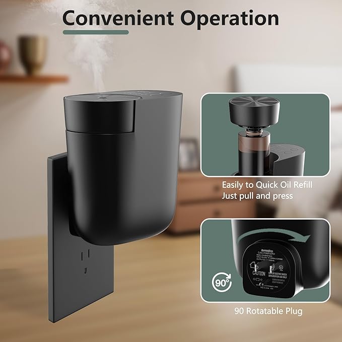 Plug-in Waterless Diffuser, Mini Home Fragrance Wall Diffuser for Large Room, Covers up to 1,000 Sq.Ft. Portable Difffuser Aromatherapy Set- Included 100ml Oil and Replacement Bottle -Black