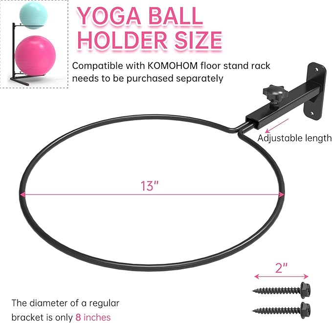 Universal Wall Mounted Yoga Ball Holder 12 Inch, Adjustable Metal Exercise Ball Storage Rack for 14-30 Inch Stability Balls, Stability Ball Holder for Home Gym/Garage (2pack)