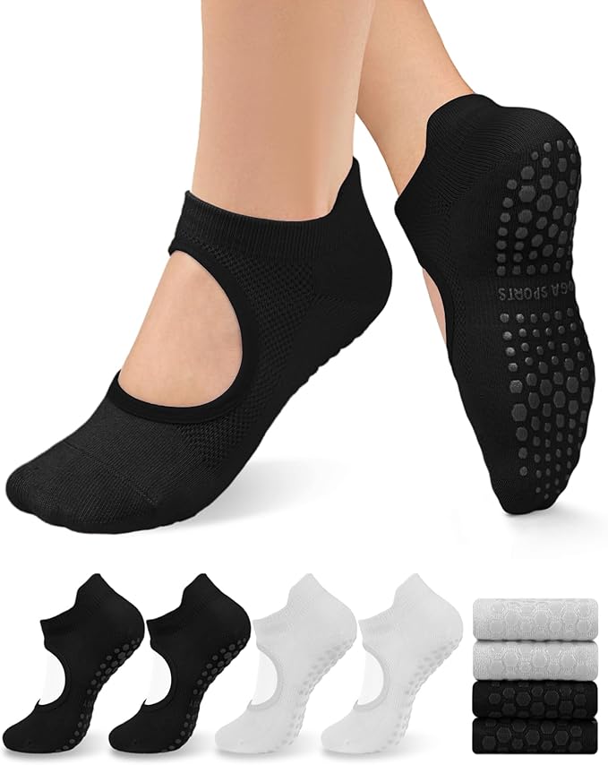 yeuG Grip Pilates Socks for Women Yoga Socks with Grips Open Top Non Slip Grippy Socks for Barre, Ballet, Barefoot Workout