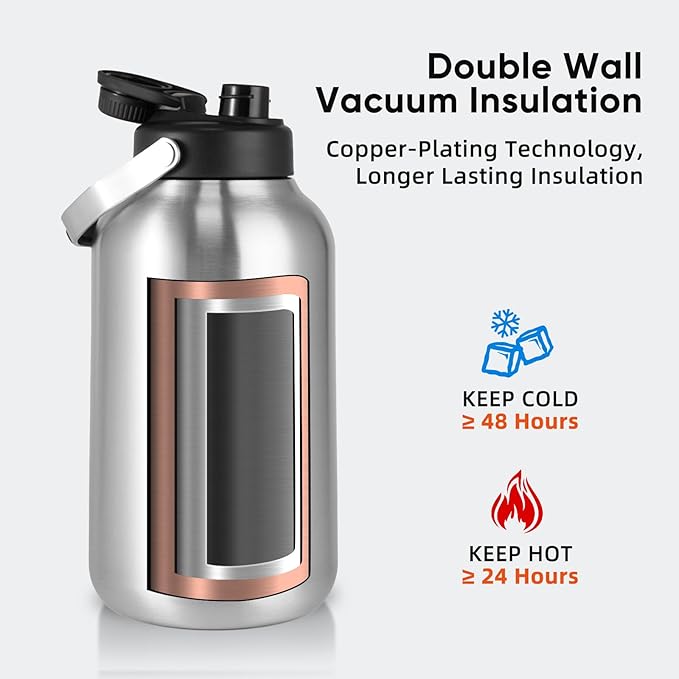 One Gallon Water Bottle, 128oz Stainless Steel Insulated Water Bottle For Hot & Cold Drinks, BPA-Free, Wide Mouth, Leak-Proof Big Water Jug With Handle For Sports, Travel, Hinking & Camping, Silver