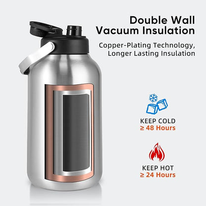 One Gallon Water Bottle, 128oz Stainless Steel Insulated Water Bottle For Hot & Cold Drinks, BPA-Free, Wide Mouth, Leak-Proof Big Water Jug With Handle For Sports, Travel, Hinking & Camping, Silver