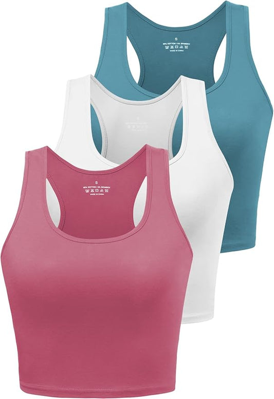 Porvike Sports Crop Tank Tops for Women Cropped Workout Tops Racerback Running Yoga Tanks Cotton Sleeveless Gym Shirts 3 Pack