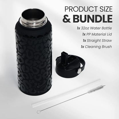 SANDJEST Leopard Water Bottle 32oz Stainless Steel Double Wall Vacuum Insulated with Lid, Leopard Print Water Bottles for Gym Sports Travel Outdoor, Gifts for Women Girls Ladies Birthday Christmas