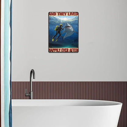 Diver And Shark Metal Tin Sign 12x16 Inch And They Lived Happily Ever After Poster Diver And Shark Tin Sign Home Kitchen Garden Bar Restaurant Cafe Office Shop Cave Man Are Wall Decor