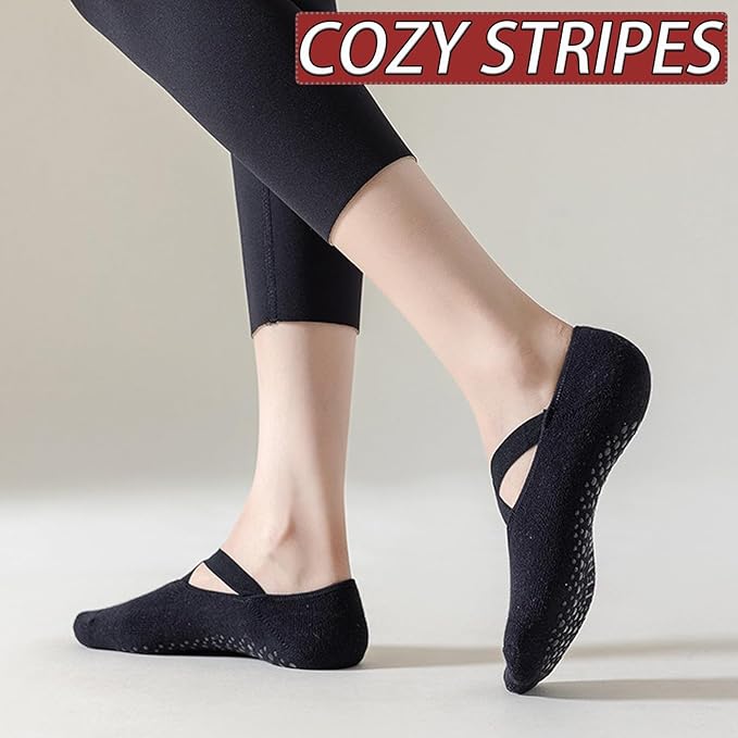 CHUNFO Grip Socks Womens Pilates Yoga Barre Non Slip Stripes Cotton Ankle Anti-Skid Sock Size 5-10