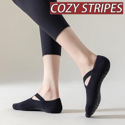 CHUNFO Grip Socks Womens Pilates Yoga Barre Non Slip Stripes Cotton Ankle Anti-Skid Sock Size 5-10