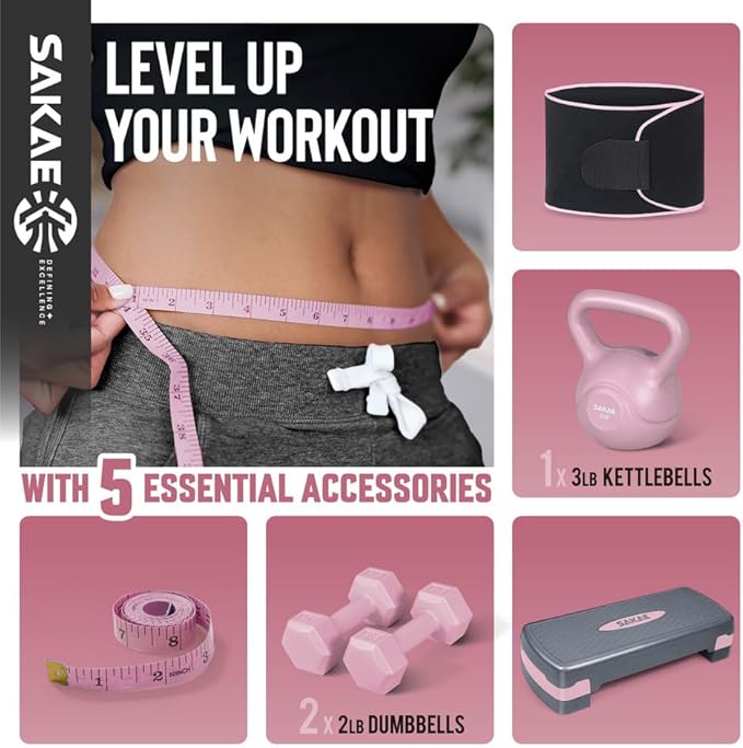 SAKAE Adjustable Aerobic Stepper Kit with Dumbbells & Kettlebell & Weightlifting Belt & Measuring Tape, 2 Level Risers Exercise Step Platform for Home Gym Exercise Fitness Workout, Multiple Colors