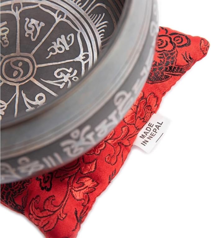 Tibetan Singing Bowl Set Authentic – Handmade in Nepal Sound & Meditation Bowl – Spiritual Decor for Yoga, Wellness Spaces & Relaxation by Himalayan Bazaar (Brown & Red)
