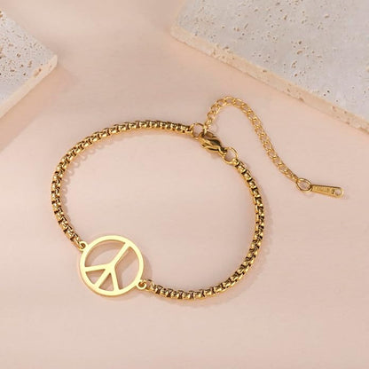 LIKGREAT Adjustable World Peace Symbol Bracelet for Women Stainless Steel Pendant Box Chain 1970s Jewelry
