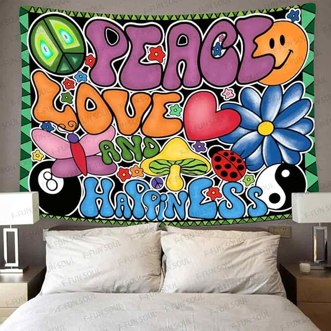 F-FUN SOUL Groovy Tapestry, 60x51in Soft Flannel, 70s Theme Hippie Aesthetic Wall Hanging for Bedroom & Living Room Decor