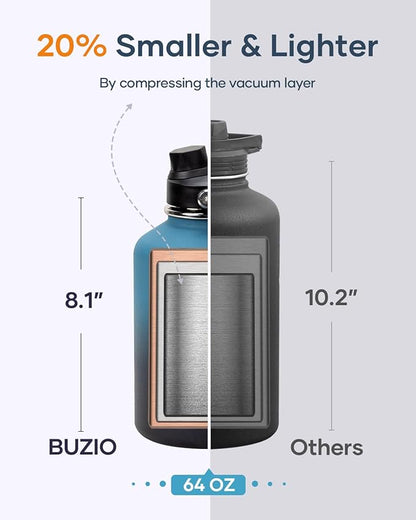 BUZIO 64 oz Insulated Water Bottle, Half Gallon Stainless Steel Water Jug with Straw Lid & Carrying Case, Keep Cold 48h Large Lead-Free Vacuum Metal Thermo Water Flask for sports Camp, Indigo Crush
