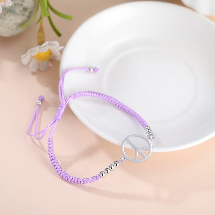 LIKGREAT Peace Adjustable Beaded Bracelet Peace Sign Symbol Pendant Handmade Braided Wax Cords Bracelet for Women
