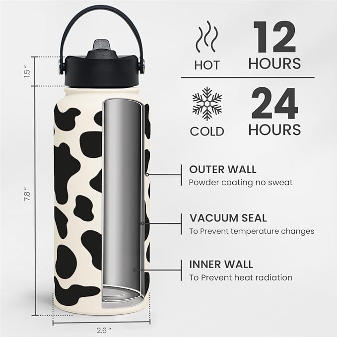 Cow Print Water Bottle 32oz Stainless Steel Vacuum Insulated with Lid, Cow Water Bottles for Gym Sports Travel Outdoor, Cow Gifts for Women Girls Birthday Christmas