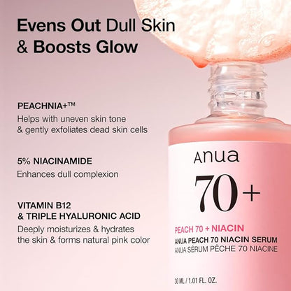 Anua Peach 70 Niacinamide Serum 30ml / brightening hydrating face serum/daily clean beauty (1.01 fl. oz.)