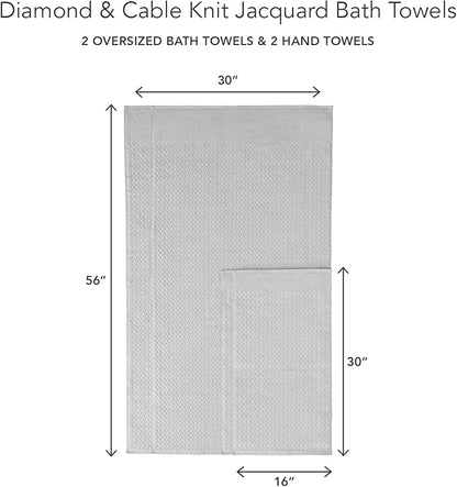 Texere 100% Organic Cotton Jacquard 650 GSM Premium Bath Towel Set - Extra Absorbent Quick Dry and Plush (Cable, Light Taupe, 2 Bath & 2 Hand Towels)