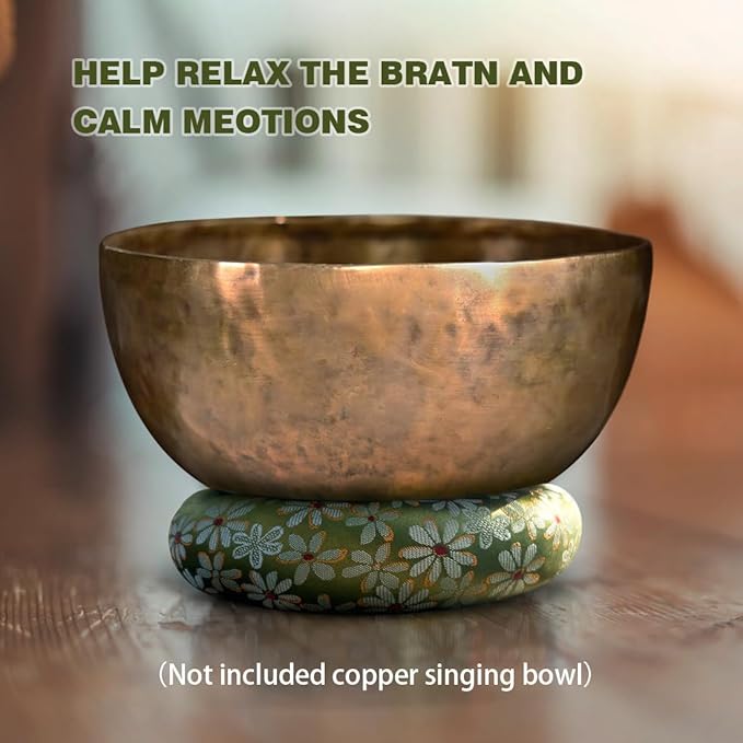 Singing Bowl Cushion for Tibetan Singing Bowls, Handmade Silk Brocade Round Cushion Pillow for Sound Healing and Crystal Sound Bowls Accessories(Green,6.7 Inch)