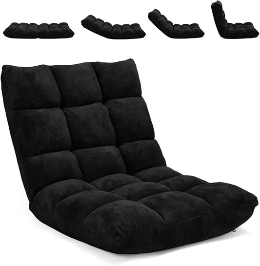 Moccha 14-Position Floor Chair, Folding Sofa Chair with Back Support, Memory Foam Floor Gaming Chairs for Adults, Adjustable Padded Couch Recliner Sleeper Bed for Reading, Meditating, Black