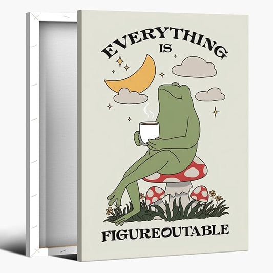 Everything is Figureoutable Motivational Canvas Wall Art Print Frog with Coffee Quote Inspirational Art Poster Mental Health Home Office Affirmation Wall Decor Minimalist Picture 24x36inch Framed