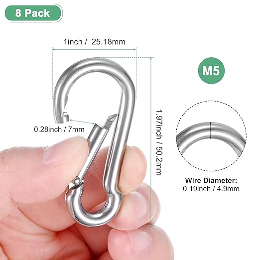 8-Pack Spring Snap Hooks, M5 304 Stainless Steel 1.97 Inch Quick Link Snap Hooks for Keychain Clip/Hammock/Hiking, D Ring Shape Snap Clip Trigger Buckle Rust-Free Clips
