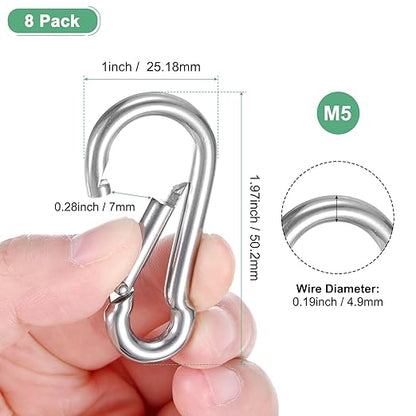 8-Pack Spring Snap Hooks, M5 304 Stainless Steel 1.97 Inch Quick Link Snap Hooks for Keychain Clip/Hammock/Hiking, D Ring Shape Snap Clip Trigger Buckle Rust-Free Clips