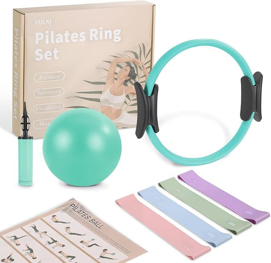 Home Pilates Essentials Kit – Home Pilates Equipment Kit with a 14-inch Pilates Ring and 9.8-inch Pilates Ball,4 Resistance Bands for Beginners—Train Muscles, Flexibility & Core Strength at Home
