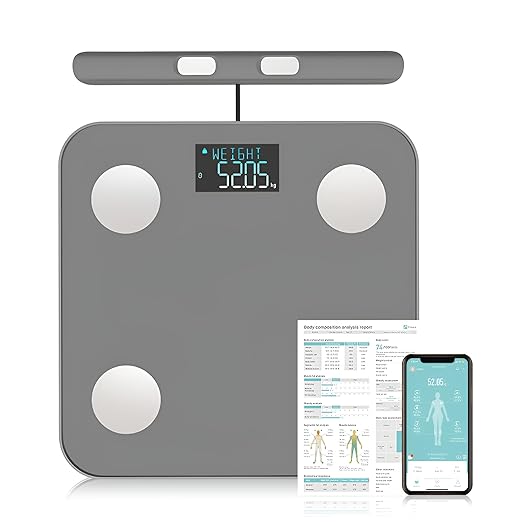 Fitdays Smart Body Fat Scale | Advanced 8-Electrode Technology for BMI/20+ Body Metrics | Full-Color LED & High Precision | Bathroom Weight Scale for Fitness/Weight Loss (FG2211LB-GREY)