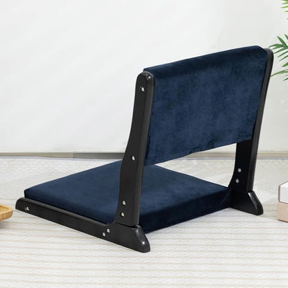 HollyHOME Foldable Tatami Chair, Upholstered Japanese Style Floor Chair, Wood Legless Back Rest Chair with Cushion, Accent Meditation Floor Seat for Bay Window, Living Room, Bedroom, Dark Blue