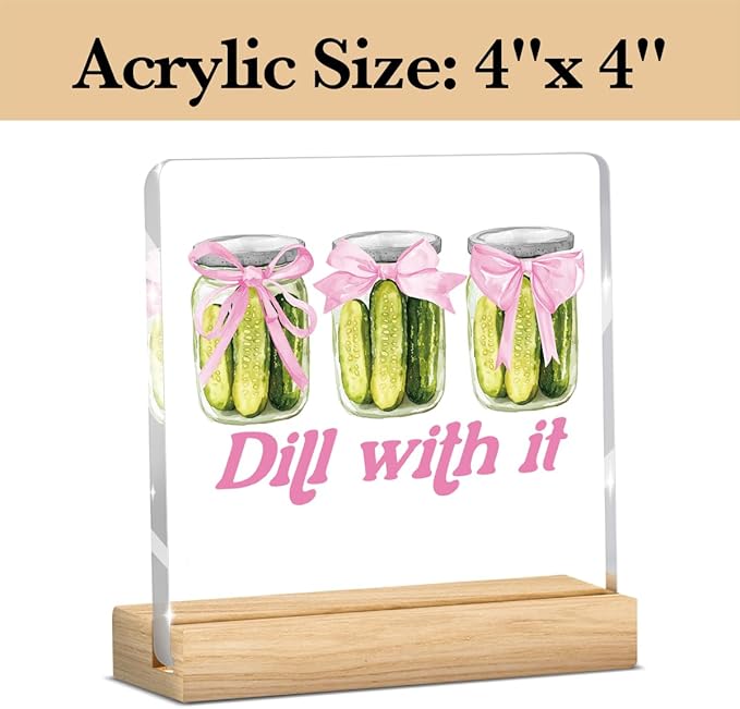 Mental Health Decor, Motivational Gifts for Women Men, Girl Who Loves Pickles, Pink Coquette Bows Inspirational Acrylic sign with Wooden office Accessories Bedroom Dorm Apartment Decoration