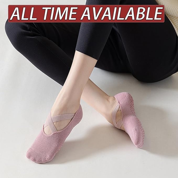 CHUNFO Grip Socks Womens Pilates Yoga Barre Non Slip Stripes Cotton Ankle Anti-Skid Sock Size 5-10