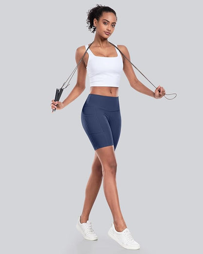 CHRLEISURE Womens Biker Yoga Shorts with Pockets: High Waisted Tummy Control Spandex Workout Athletic Gym Shorts 4 Packs