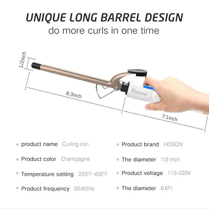 Hoson 1/2 Inch Curling Iron Professional, Ceramic Tourmaline Curl Wand Barrel, Hair Curler Iron for Long & Short Hair,Glove Include, Gold