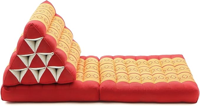 LEEWADEE 2-Fold Mat with Triangle Cushion – Comfortable TV Pillow, Foldable Mattress with Cushion Made of Eco-Friendly Kapok, 45 x 20 inches, Orange red