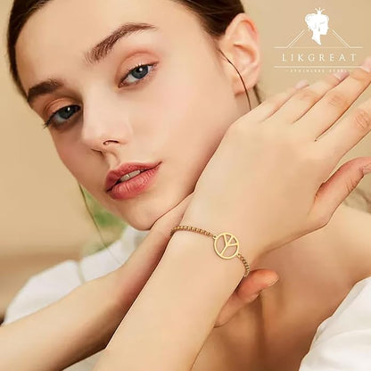 LIKGREAT Adjustable World Peace Symbol Bracelet for Women Stainless Steel Pendant Box Chain 1970s Jewelry