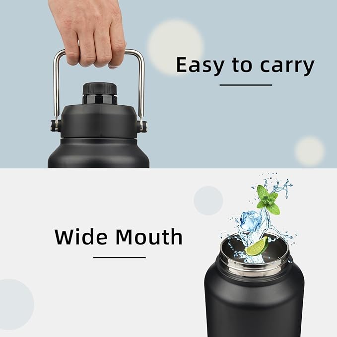 Half Gallon Jug with Handle,64 oz Insulated Water Bottle with Carrying Pouch,Double Wall Vacuum Stainless Steel Metal Bottle,Black