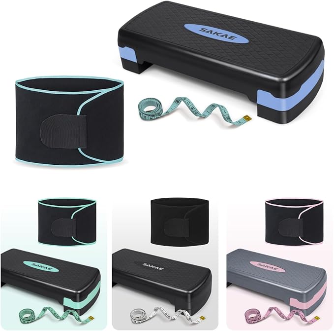 SAKAE Aerobic Step Platform Set with Waist Trimmer & Measuring Tape, Exercise Steppers for Home Exercise Fitness, Adjustable Height 2 Level Risers Workout Step Platform Trainer, Multiple Colors
