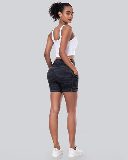 CHRLEISURE Womens Biker Yoga Shorts with Pockets: High Waisted Tummy Control Spandex Workout Athletic Gym Shorts 4 Packs
