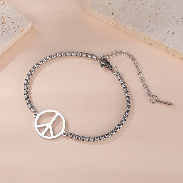 LIKGREAT Adjustable World Peace Symbol Bracelet for Women Stainless Steel Pendant Box Chain 1970s Jewelry