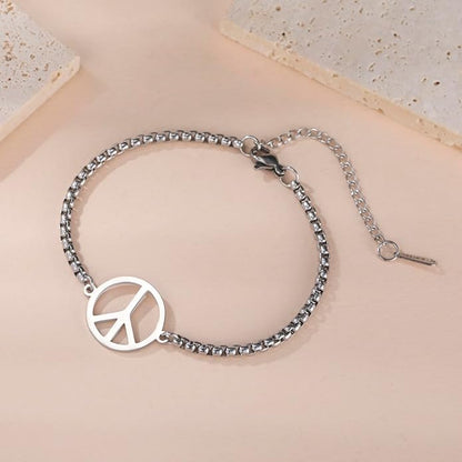 LIKGREAT Adjustable World Peace Symbol Bracelet for Women Stainless Steel Pendant Box Chain 1970s Jewelry