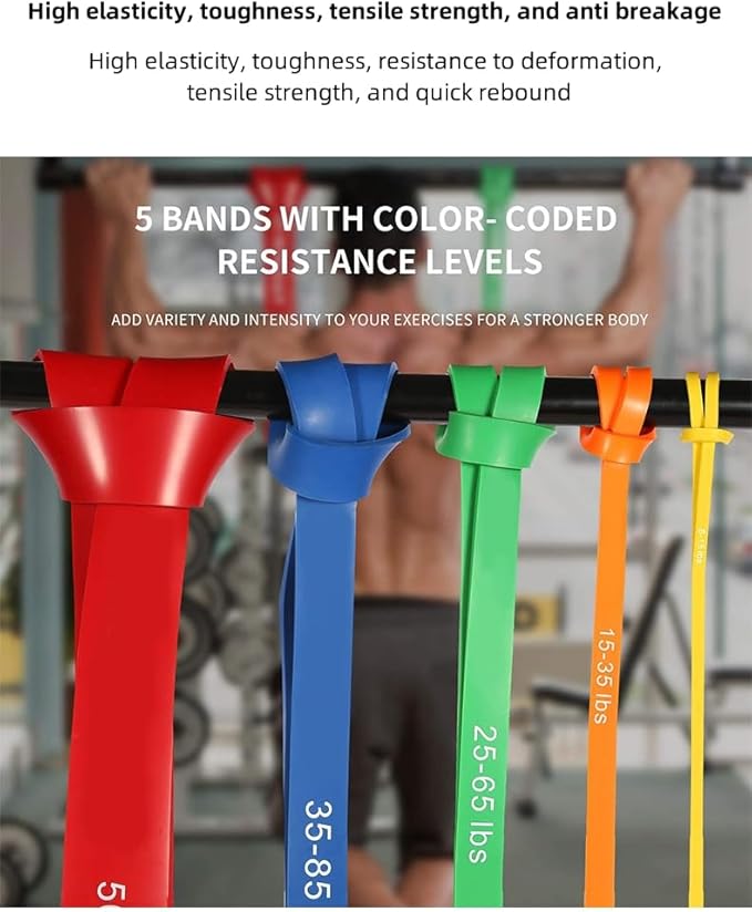 Pull Up Assist Bands Set, 5 Resistance Bands 15-125 lbs, Exercise Bands with Storage Bag, Workout Fitness Training