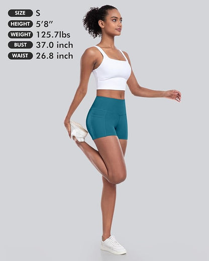 CHRLEISURE Womens Biker Yoga Shorts with Pockets: High Waisted Tummy Control Spandex Workout Athletic Gym Shorts 4 Packs