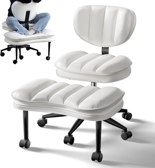 Cross Legged Office Chair, Ergonomic Cloud Criss Cross Desk Chair, Meditation Chair with Wheels, Height Adjustable Seat for ADHD, Wide Kneeling Chair with Back Support, White