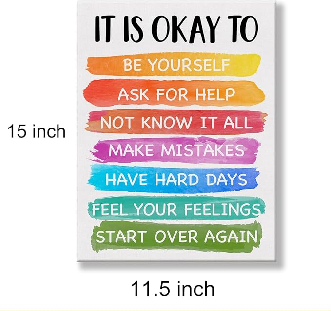 Motivational Classroom Wall Art It's Okay to Not be Okay Poster Print Canvas Wall Decor for Homeschool Playroom School 12x15 Inch Framed