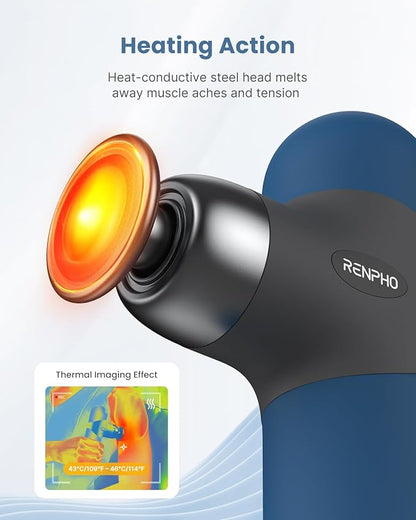 RENPHO Mini Thermal Massage Gun with Heat, Portable Deep Tissue Percussion Massager, Color Silicone Sleeves Travel Size with Carry Case, Aegean Blue