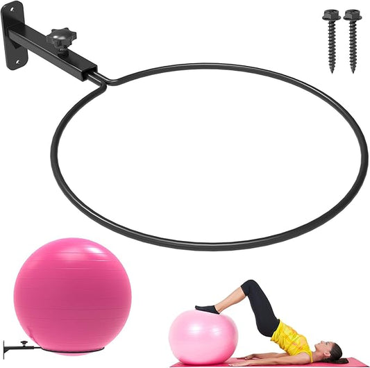Universal Wall-Mounted Exercise Ball Holder - Adjustable Yoga Ball Storage Rack for 14 to 30 Inch Stability Balls, Heavy-Duty Metal Wall Mount with 12-Inch Diameter Ring, Space-Saving Design