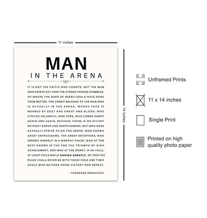 LARGE 11X14 - Man in the Arena - Inspirational Quotes - Teddy Roosevelt Poster - Motivational Gifts for Men, Boys, Teens, Entrepreneur - Office, Living Room, Bedroom Wall Art Decor - Daring Greatly