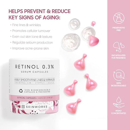 Retinol Anti Aging Wrinkle Correction Night Serum with Hyaluronic Acid Serum for Dark Spots, Post-Acne Scars, Instantly Plump & Hydrates Skin, Unscented, 30 Capsules