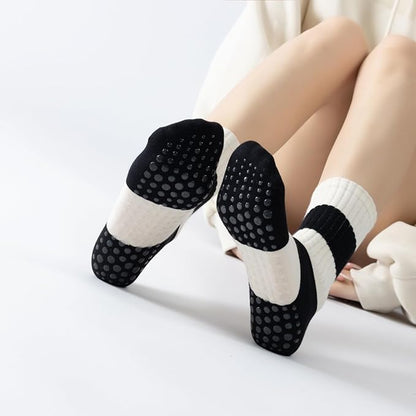Yoga Pilates Socks with Grips for Women Non Slip Striped Cushioned Crew Socks for Barre Ballet Dance