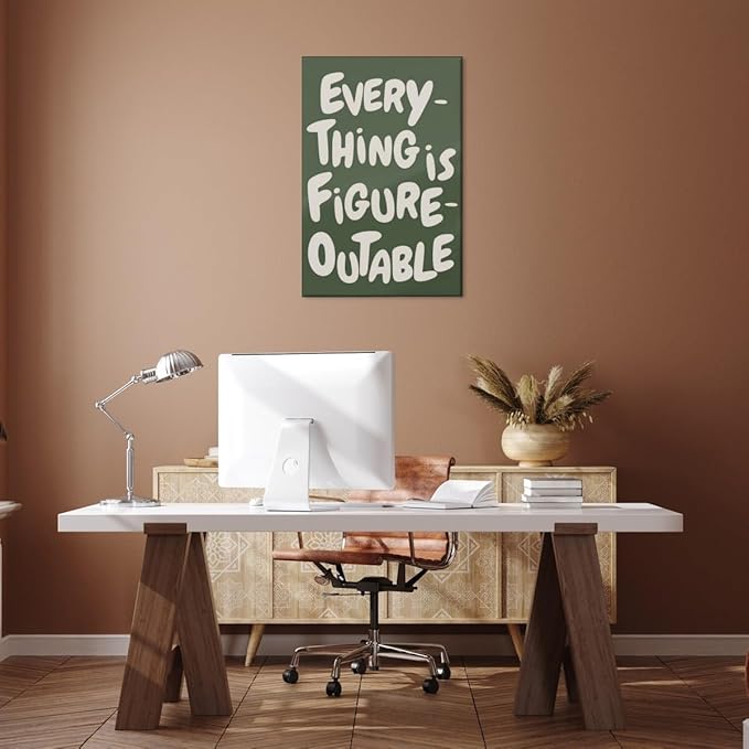 Everything is Figureoutable Motivational Canvas Wall Art Print Uplifting Quote Inspirational Art Poster Green Office Affirmation Wall Decor Minimalist Picture Painting Home Decor 8x12inch Framed