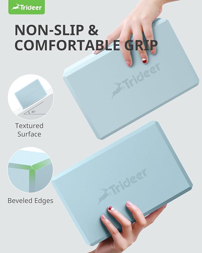 Trideer Yoga Blocks 2 Pack, Soft Non-Slip Foam Blocks with Beveled Edges for Alignment and Stretching in Yoga, Pilates, and Dance - Supportive, Lightweight, Odor Resistant, Latex-Free